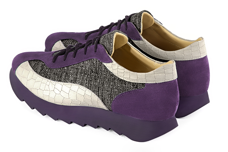 Amethyst purple, matt black and off white women's open back shoes. Round toe. Low rubber soles. Rear view - Florence KOOIJMAN
